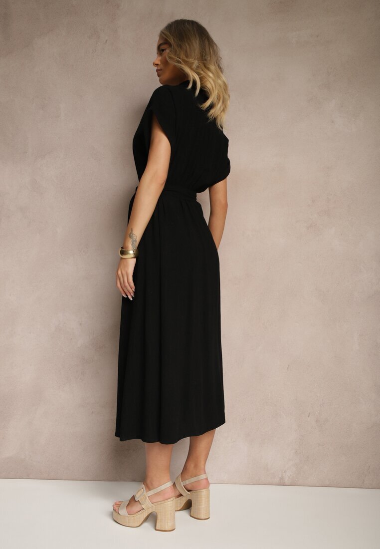 m&d fashion Rochie Cămașă Neagră de Bumbac cu Cordon Legat și Mânecă Scurtă Elannoria