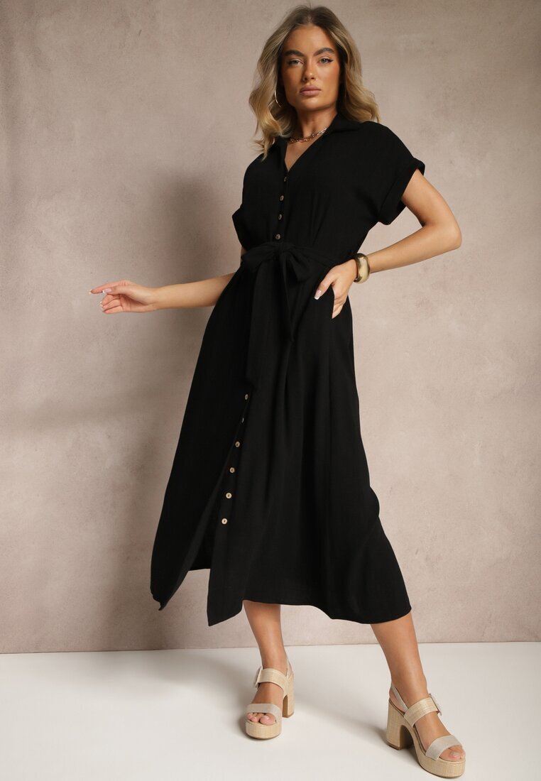 m&d fashion Rochie Cămașă Neagră de Bumbac cu Cordon Legat și Mânecă Scurtă Elannoria