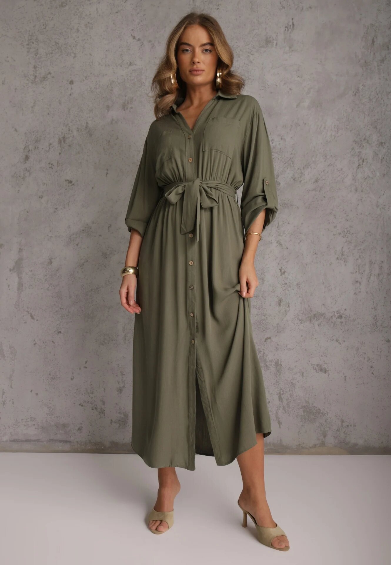 m&d fashion Rochie cămașă Verde Utility din Bumbac cu Centură Legată în Talie Retona