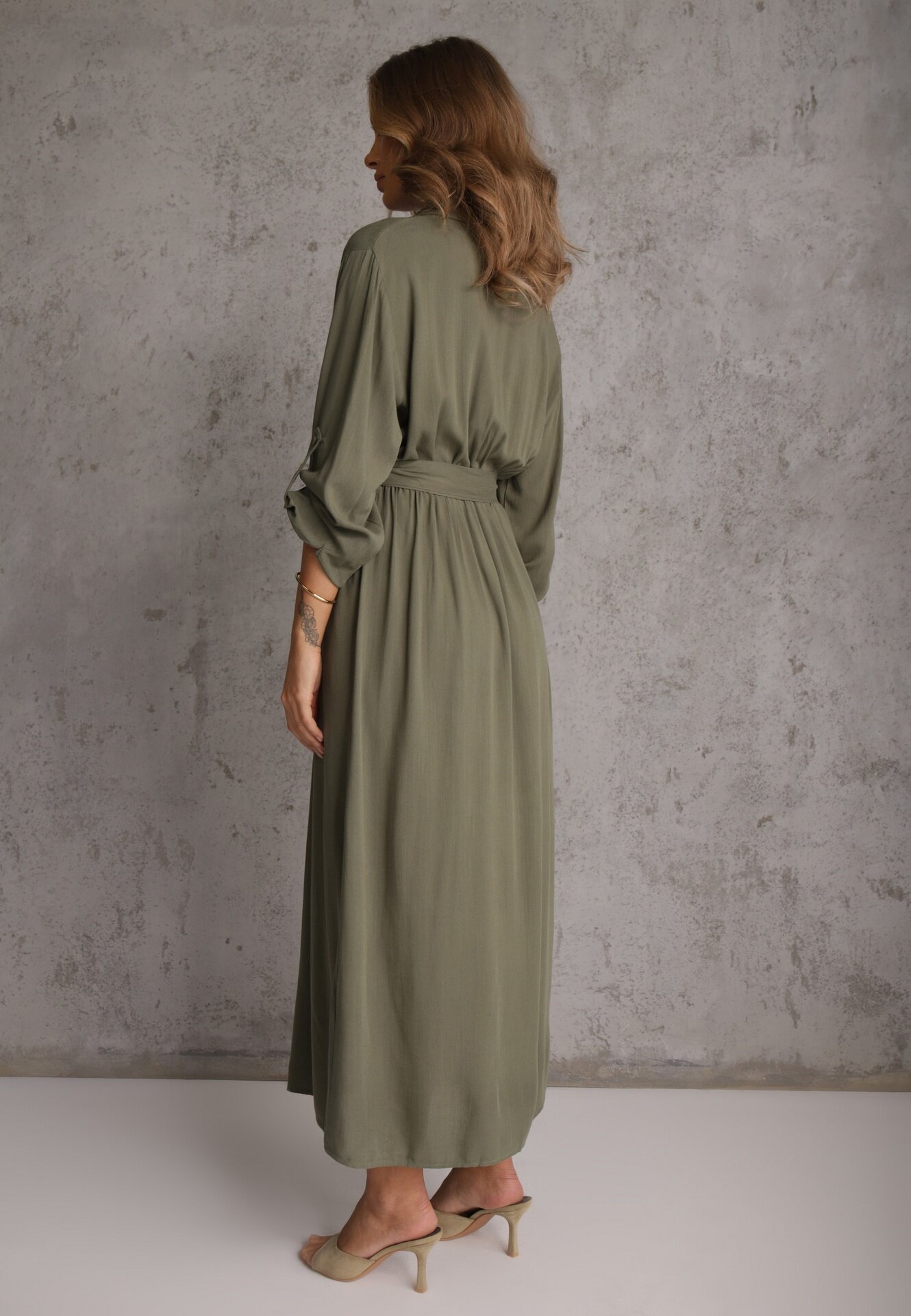 m&d fashion Rochie cămașă Verde Utility din Bumbac cu Centură Legată în Talie Retona