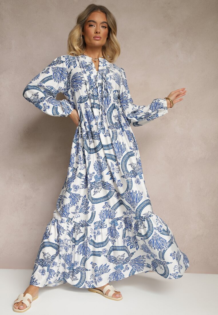 m&d fashion Rochie Cloche Albastră din Viscoză Legată la Decolteu cu Imprimeu Floral Koriselle