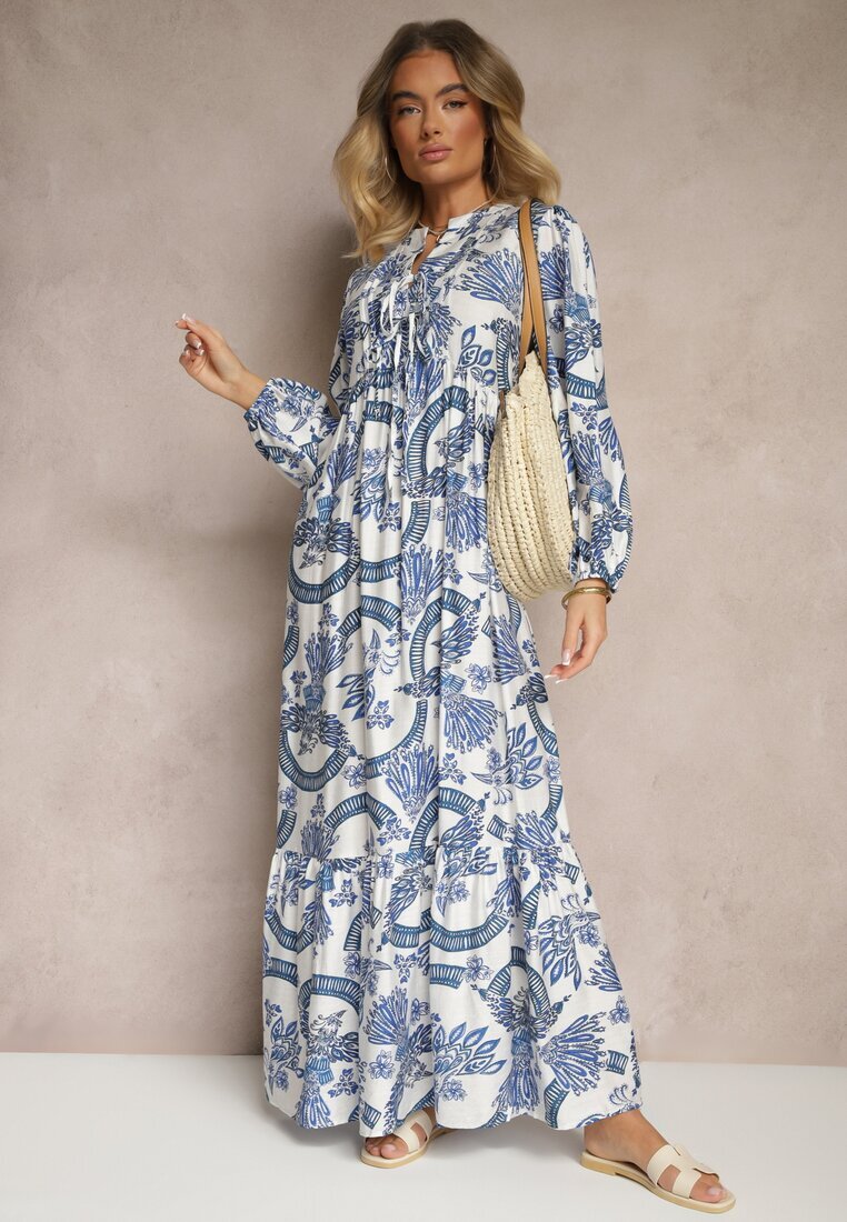 m&d fashion Rochie Cloche Albastră din Viscoză Legată la Decolteu cu Imprimeu Floral Koriselle