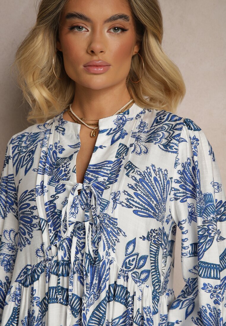 m&d fashion Rochie Cloche Albastră din Viscoză Legată la Decolteu cu Imprimeu Floral Koriselle