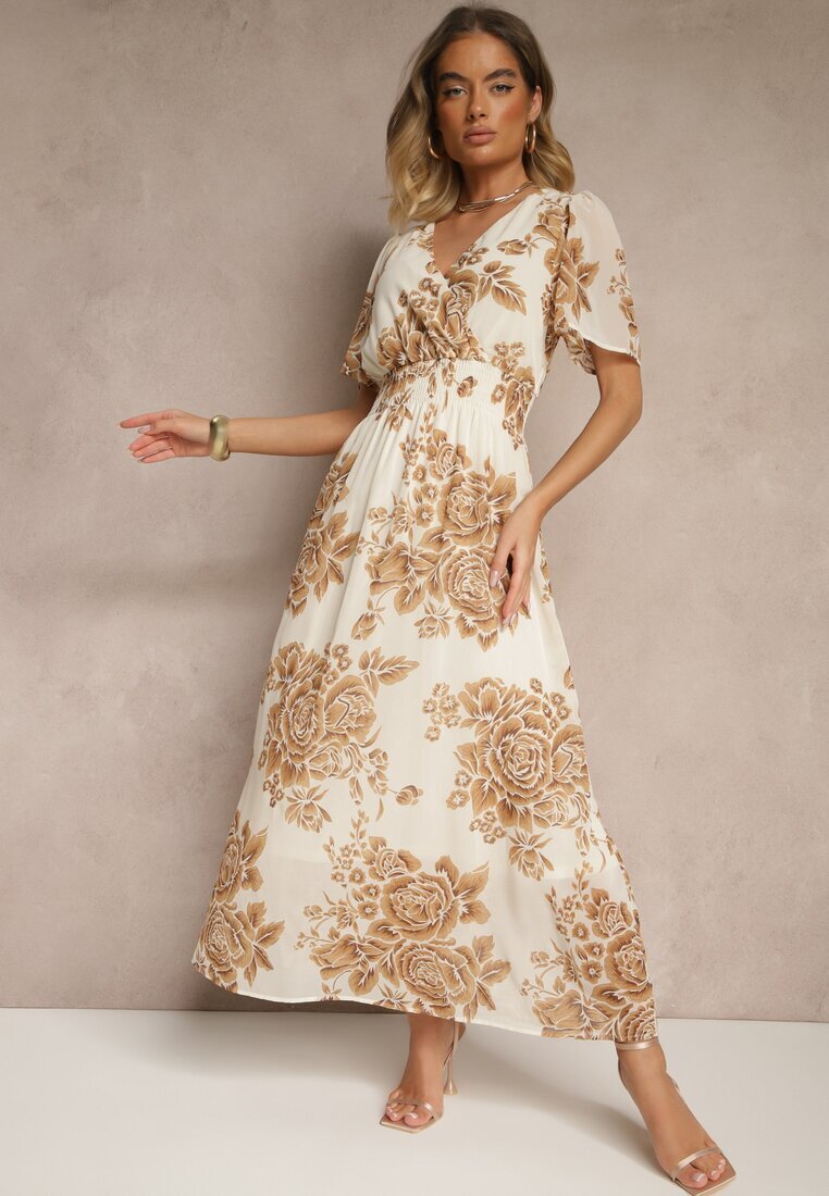 m&d fashion Rochie Cloche Bej deschis cu Cordon cu Model Floral Jeloiti