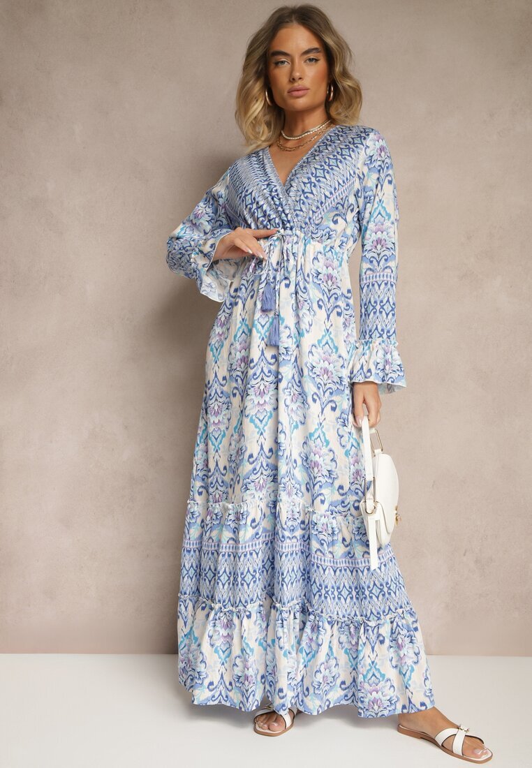 m&d fashion Rochie Cloș Albastră din Bumbac și Viscoză Stil Etnic Sollema
