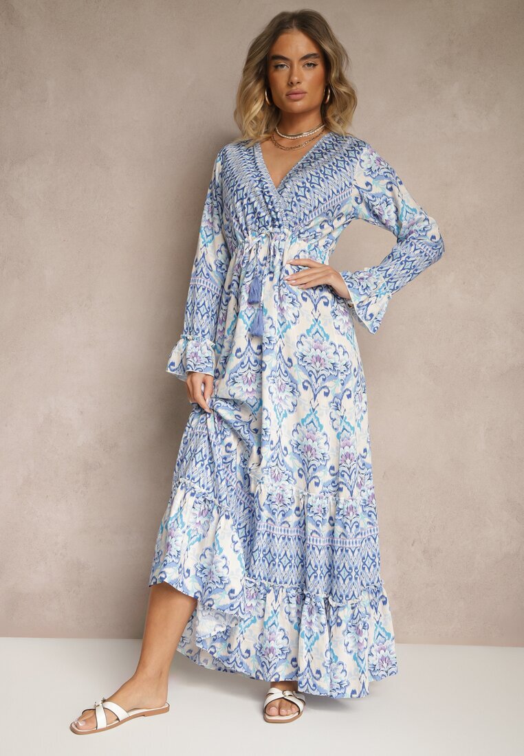 m&d fashion Rochie Cloș Albastră din Bumbac și Viscoză Stil Etnic Sollema