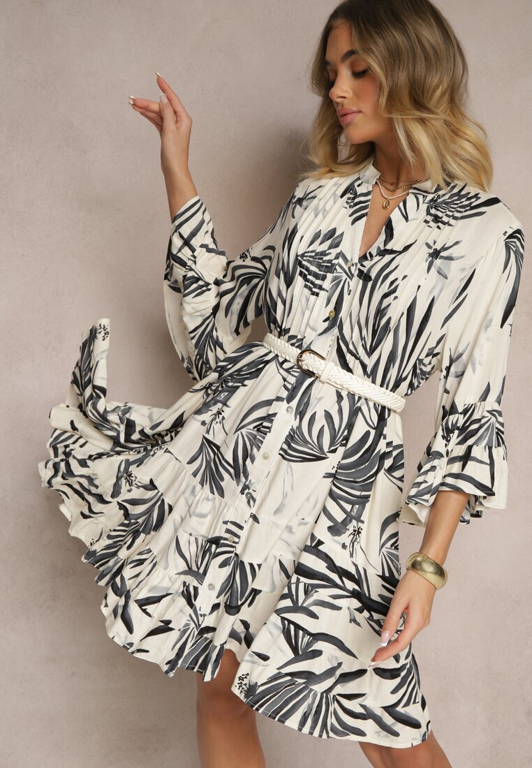 m&d fashion Rochie Cloș Gri închis din Vâscoză cu Volane cu Model Floral Ridivaria
