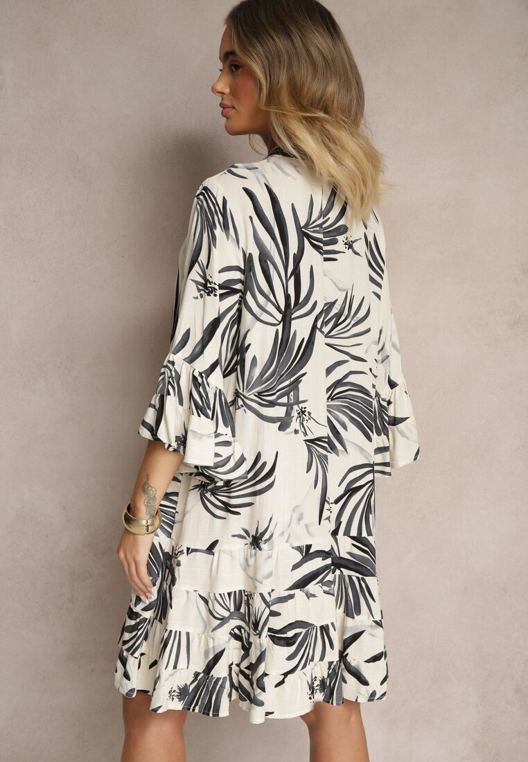 m&d fashion Rochie Cloș Gri închis din Vâscoză cu Volane cu Model Floral Ridivaria