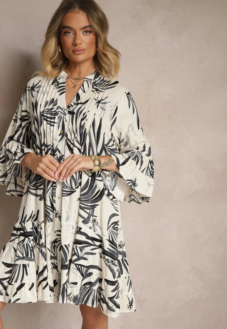 m&d fashion Rochie Cloș Gri închis din Vâscoză cu Volane cu Model Floral Ridivaria