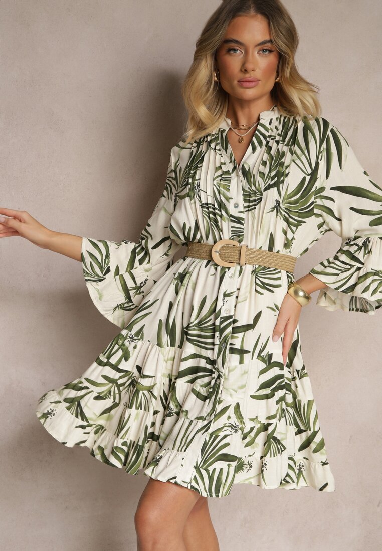 m&d fashion Rochie Cloș Verde din Viscoză cu Volane cu Imprimeu Floral Ridivaria