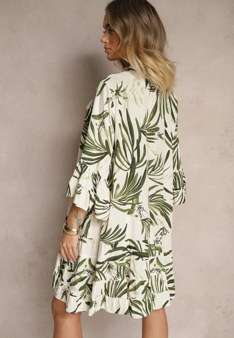 m&d fashion Rochie Cloș Verde din Viscoză cu Volane cu Imprimeu Floral Ridivaria