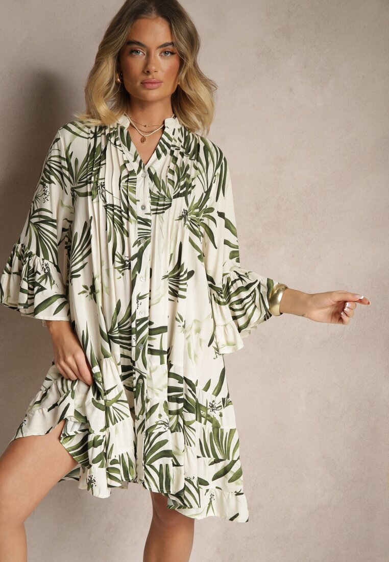 m&d fashion Rochie Cloș Verde din Viscoză cu Volane cu Imprimeu Floral Ridivaria