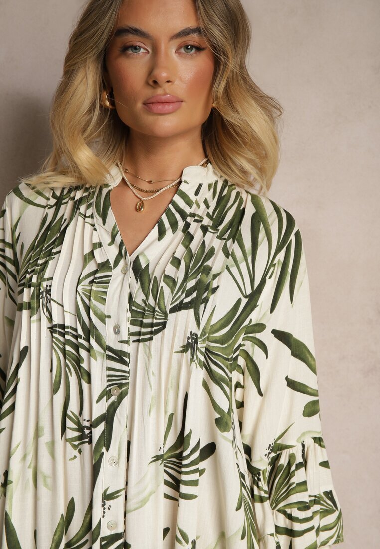 m&d fashion Rochie Cloș Verde din Viscoză cu Volane cu Imprimeu Floral Ridivaria