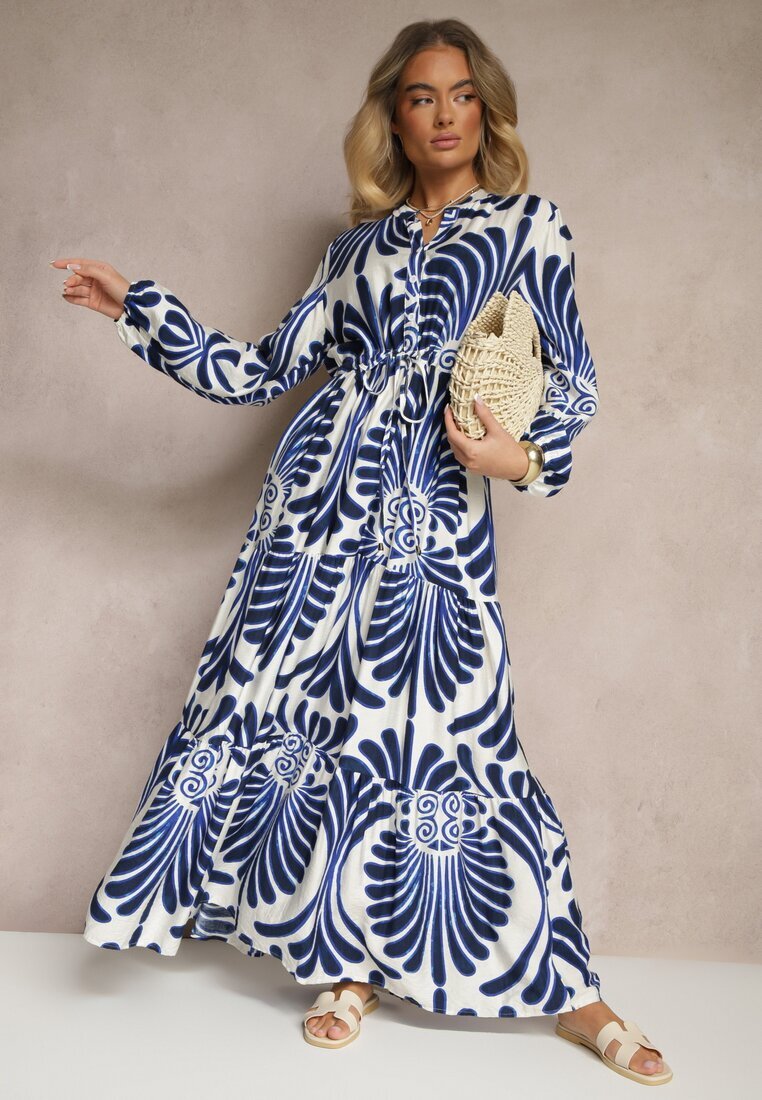 m&d fashion Rochie Clotă Albastră din Viscoză Decorată cu Imprimeu Floral Koriare