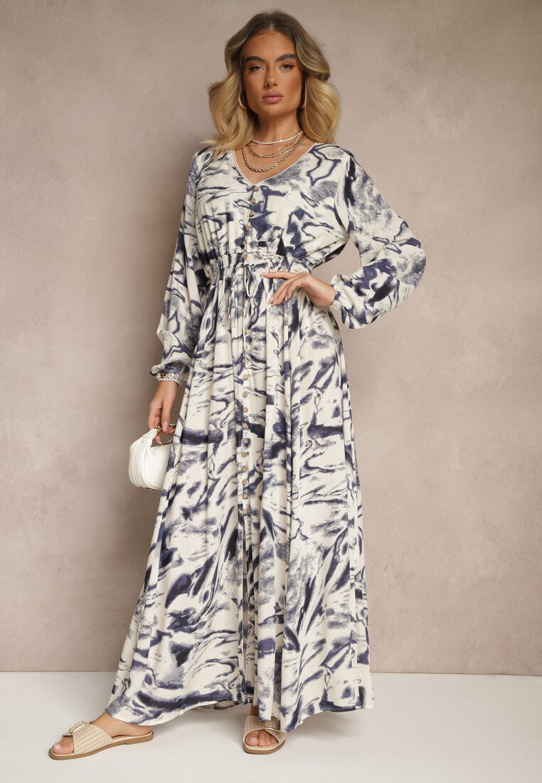 m&d fashion Rochie evazată albastră din viscoză cu imprimeu abstract cu elastic în talie Felpio