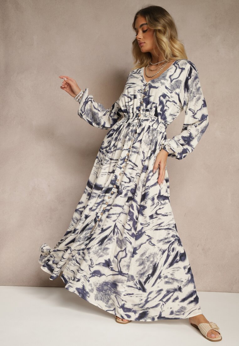 m&d fashion Rochie evazată albastră din viscoză cu imprimeu abstract cu elastic în talie Felpio