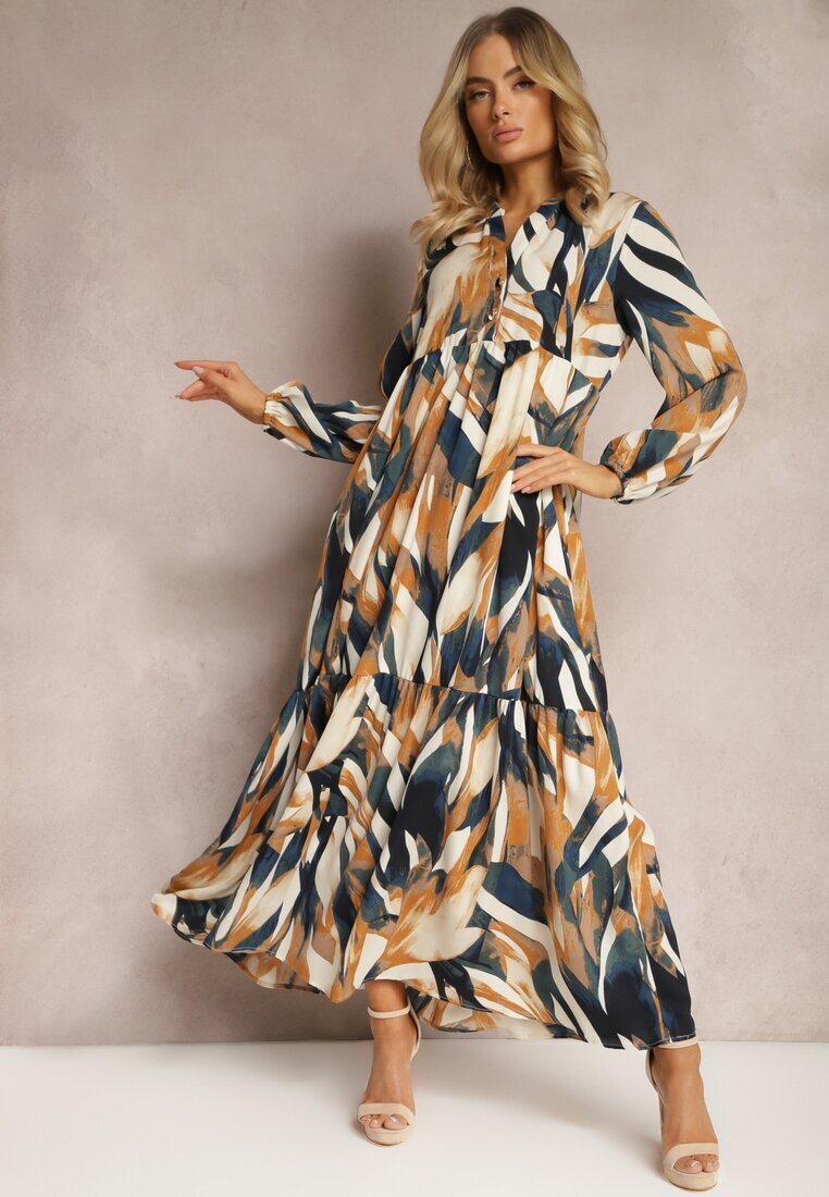 m&d fashion Rochie evazată Bej-Verde cu croială tip cămașă cu imprimeu abstract Asequa