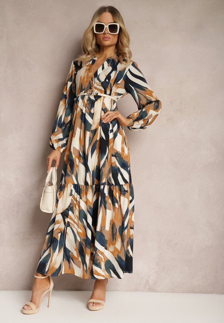 m&d fashion Rochie evazată Bej-Verde cu croială tip cămașă cu imprimeu abstract Asequa