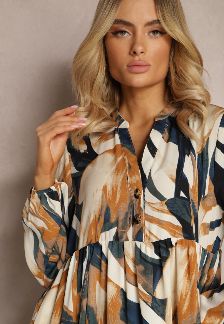 m&d fashion Rochie evazată Bej-Verde cu croială tip cămașă cu imprimeu abstract Asequa