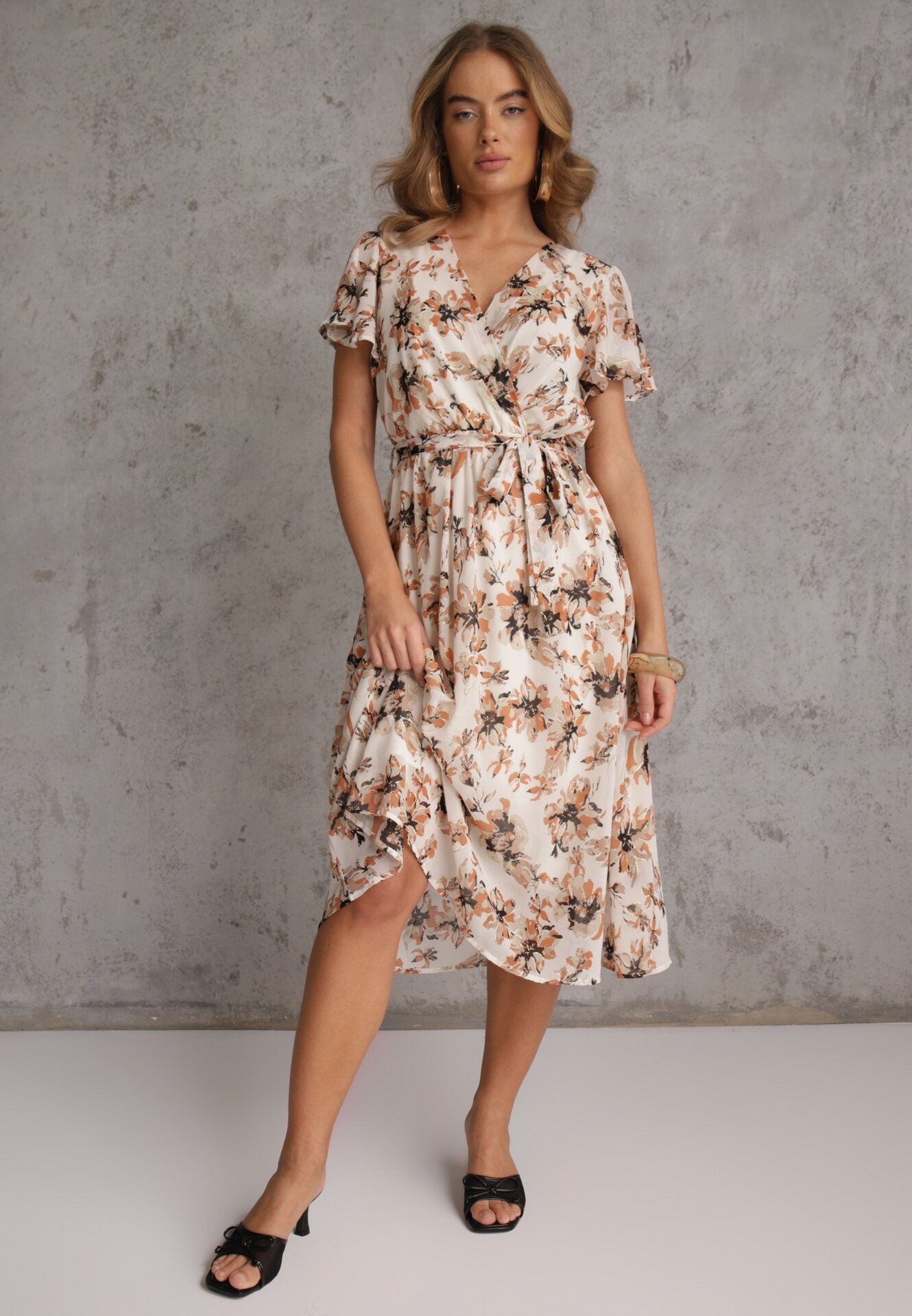 m&d fashion Rochie Încrucișată Portocalie cu cordon legat cu imprimeu floral cu sclipici Runewea