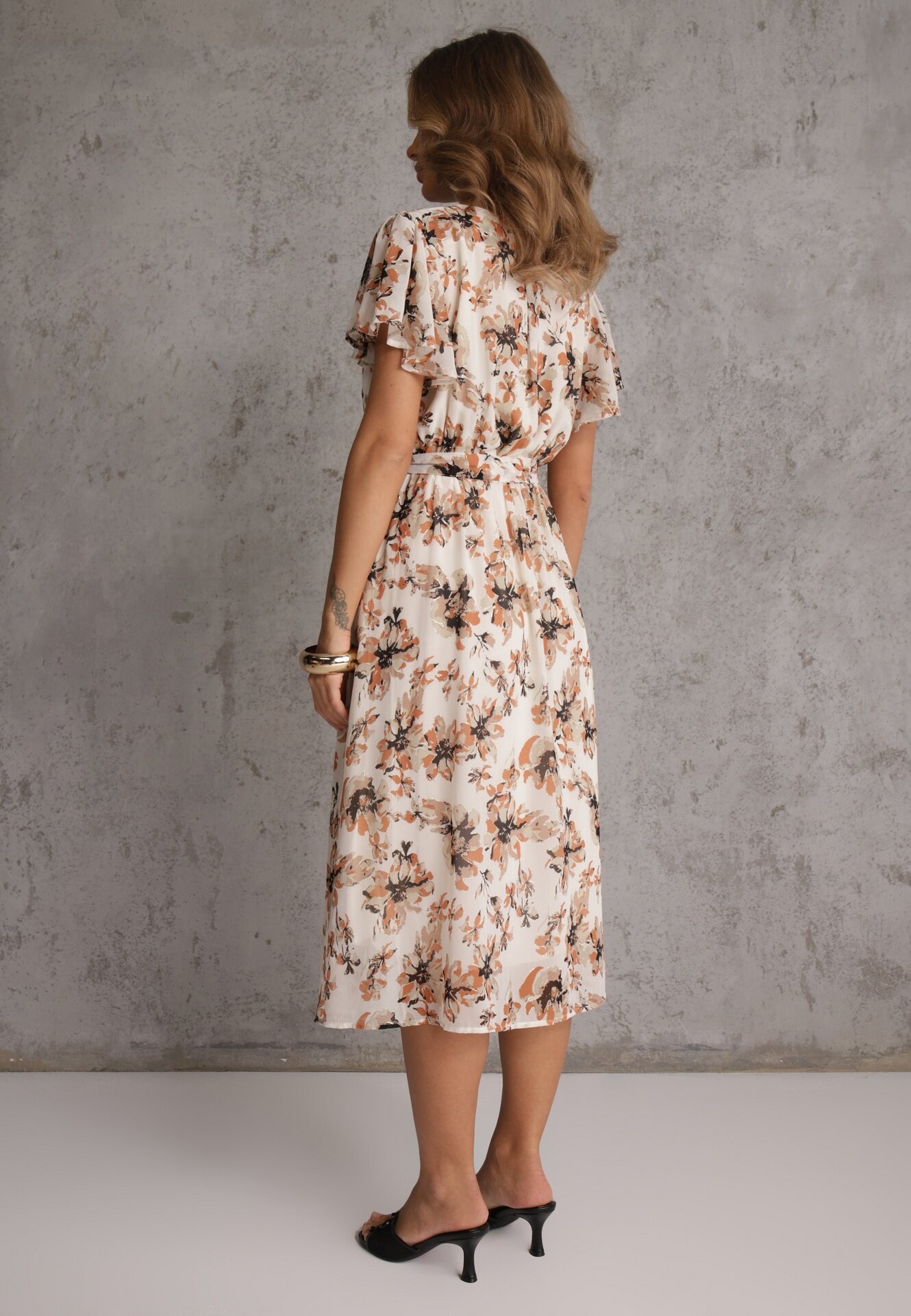 m&d fashion Rochie Încrucișată Portocalie cu cordon legat cu imprimeu floral cu sclipici Runewea