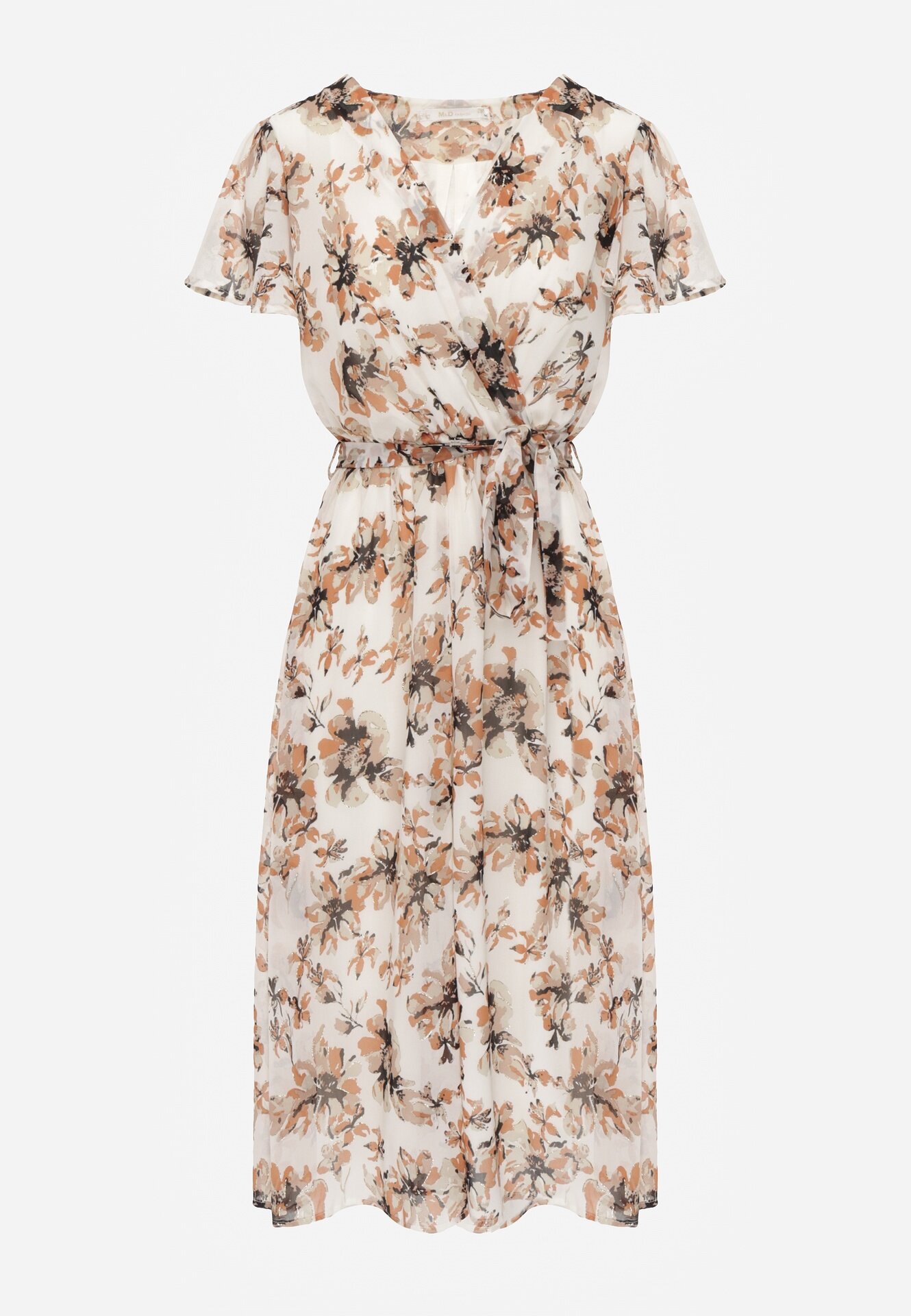 m&d fashion Rochie Încrucișată Portocalie cu cordon legat cu imprimeu floral cu sclipici Runewea