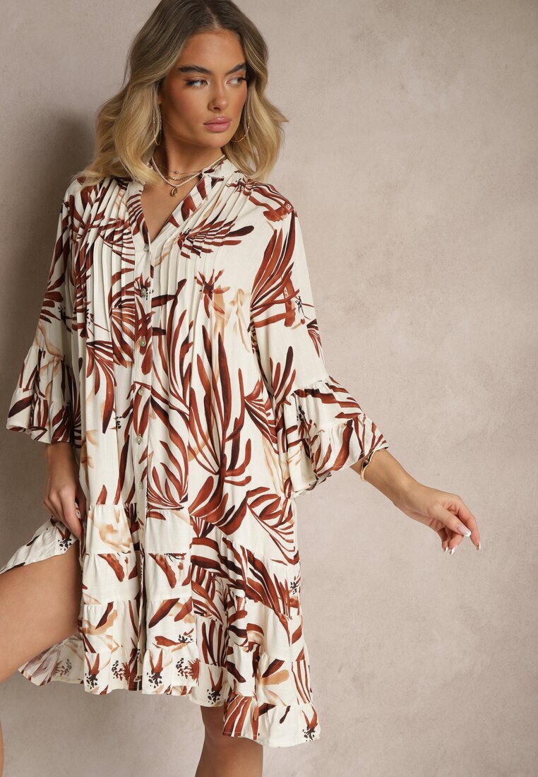 m&d fashion Rochie Maro Evazată din Vâscoză cu Volane cu Motiv Floral Ridivaria