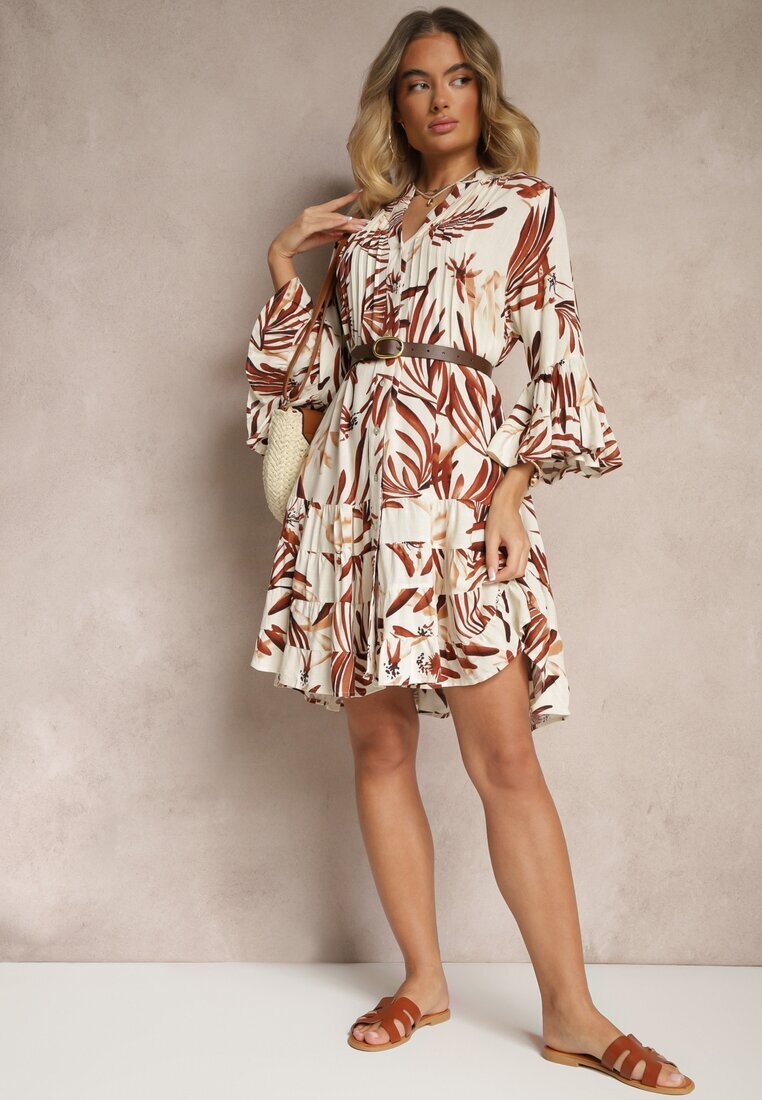 m&d fashion Rochie Maro Evazată din Vâscoză cu Volane cu Motiv Floral Ridivaria