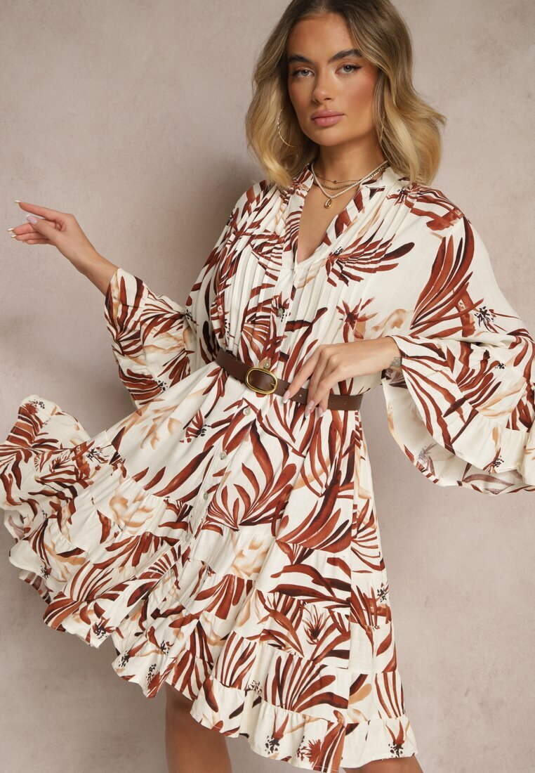 m&d fashion Rochie Maro Evazată din Vâscoză cu Volane cu Motiv Floral Ridivaria