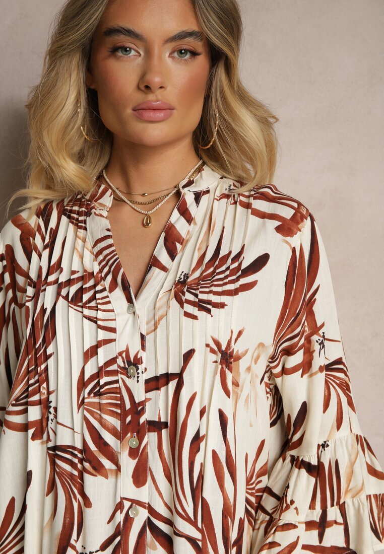 m&d fashion Rochie Maro Evazată din Vâscoză cu Volane cu Motiv Floral Ridivaria
