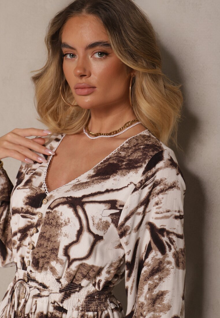 m&d fashion Rochie Maro Evazată din Viscoză cu Model Abstract cu Elastic în Talie Felpio
