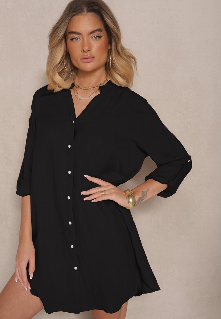 m&d fashion Rochie Neagră Croială Dreaptă din Bumbac Supradimensionată cu Decolteu în V Elavellis