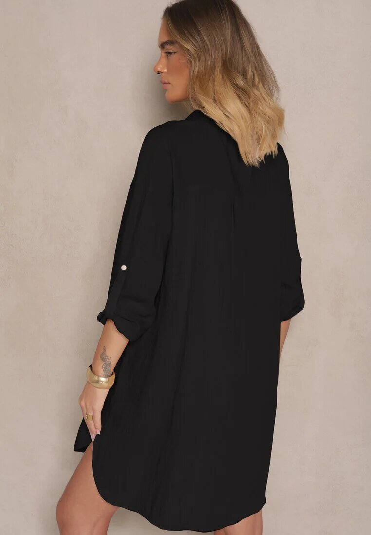 m&d fashion Rochie Neagră Croială Dreaptă din Bumbac Supradimensionată cu Decolteu în V Elavellis