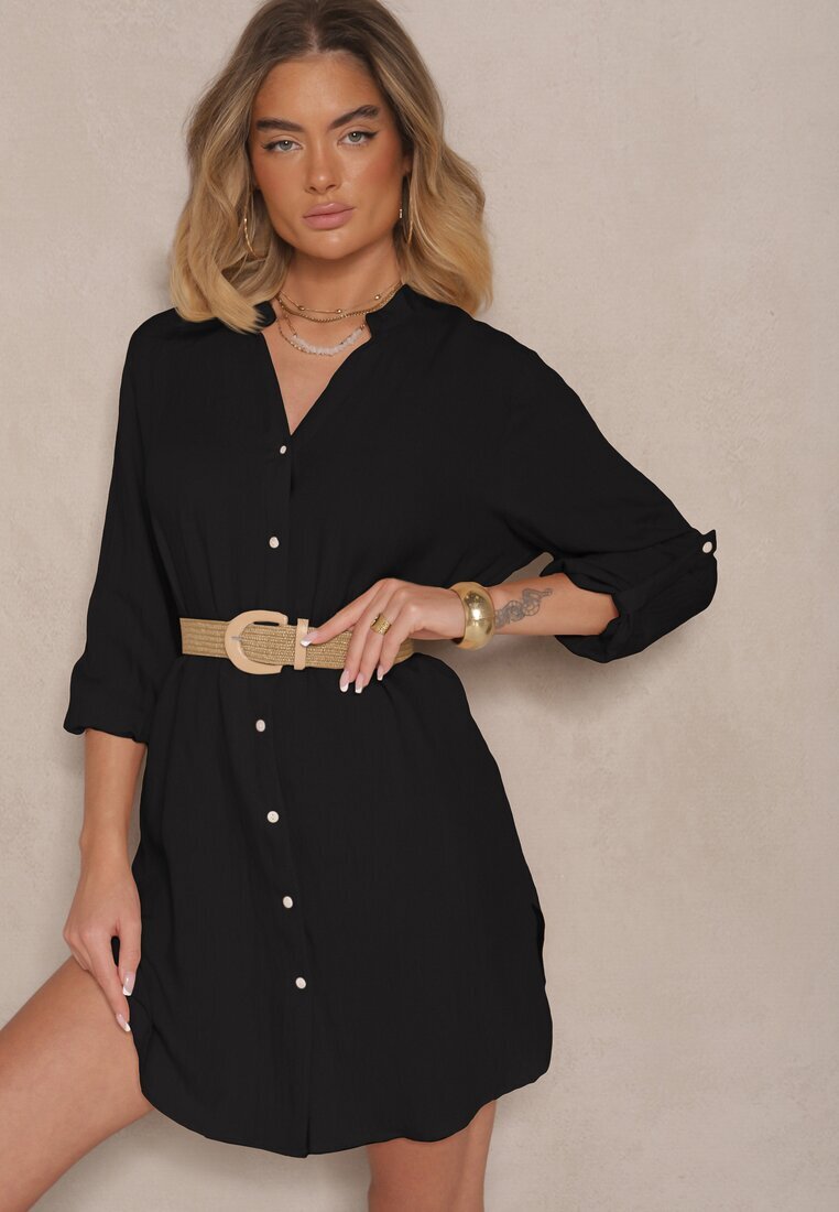 m&d fashion Rochie Neagră Croială Dreaptă din Bumbac Supradimensionată cu Decolteu în V Elavellis