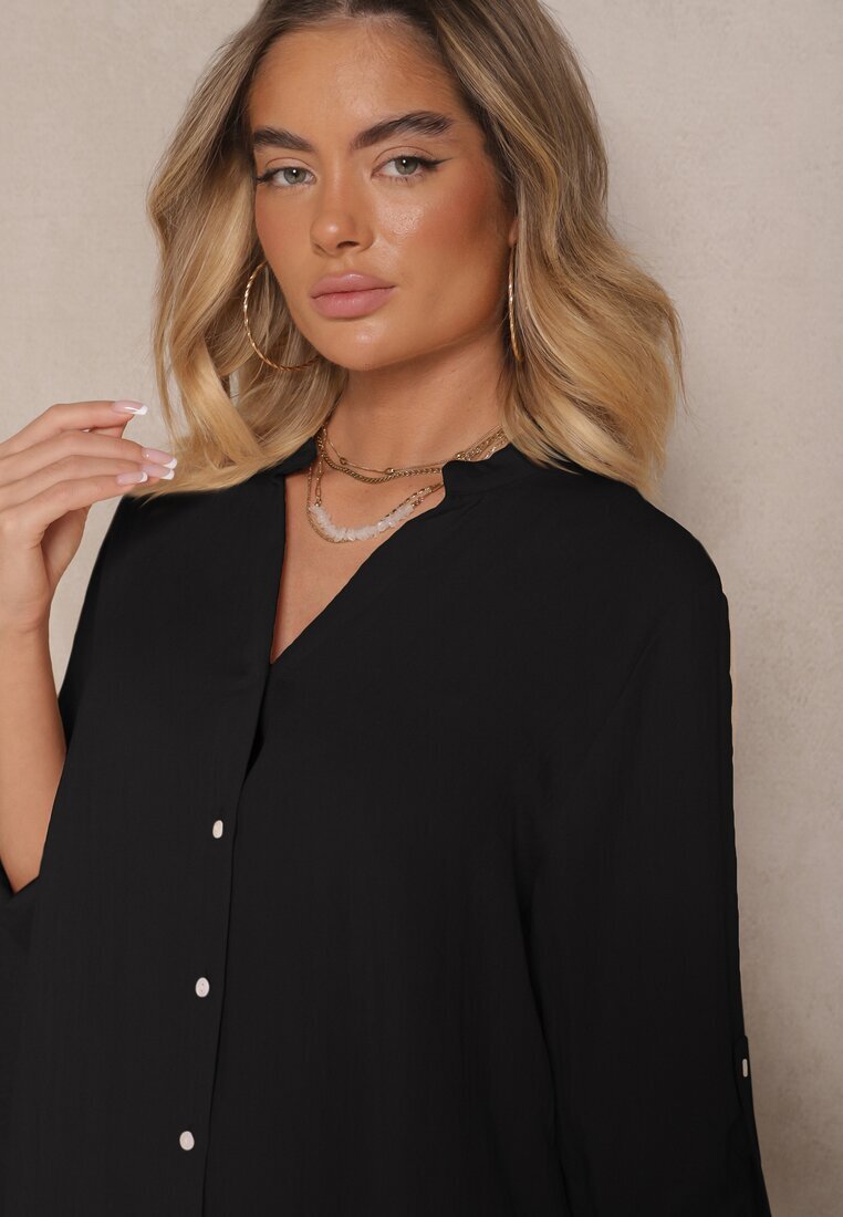 m&d fashion Rochie Neagră Croială Dreaptă din Bumbac Supradimensionată cu Decolteu în V Elavellis