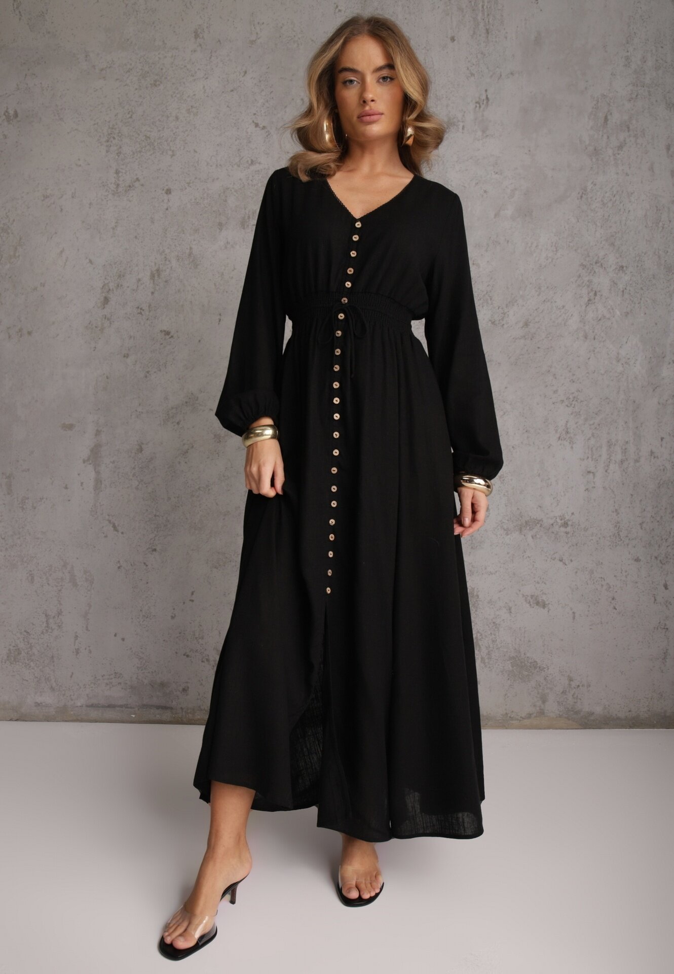 m&d fashion Rochie Neagră din in și viscoză cu croială evazată cu nasturi decorativi Maitena