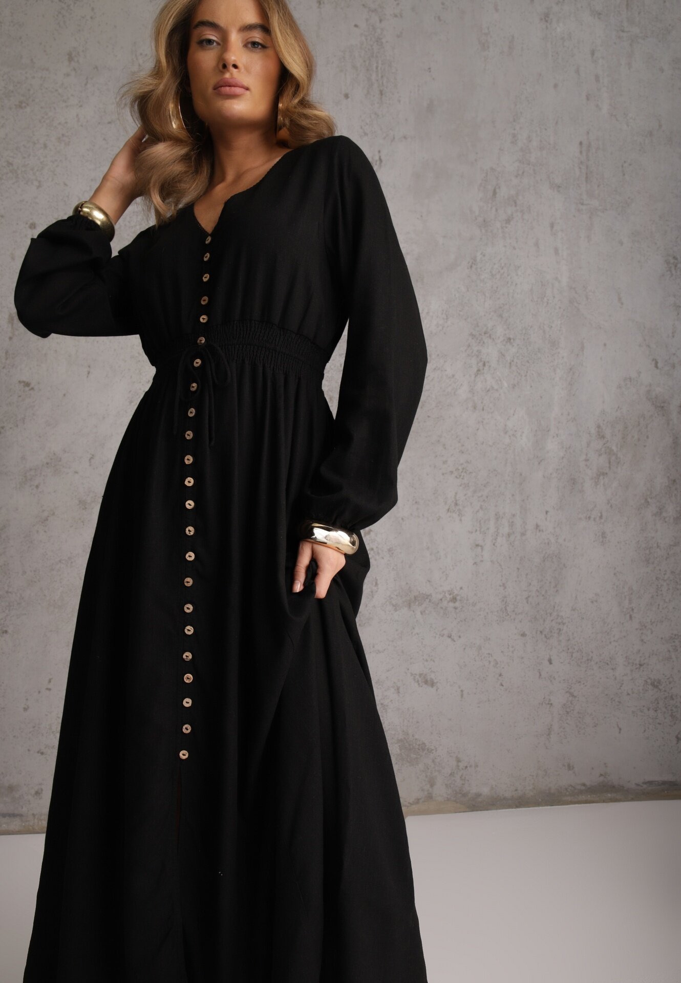 m&d fashion Rochie Neagră din in și viscoză cu croială evazată cu nasturi decorativi Maitena