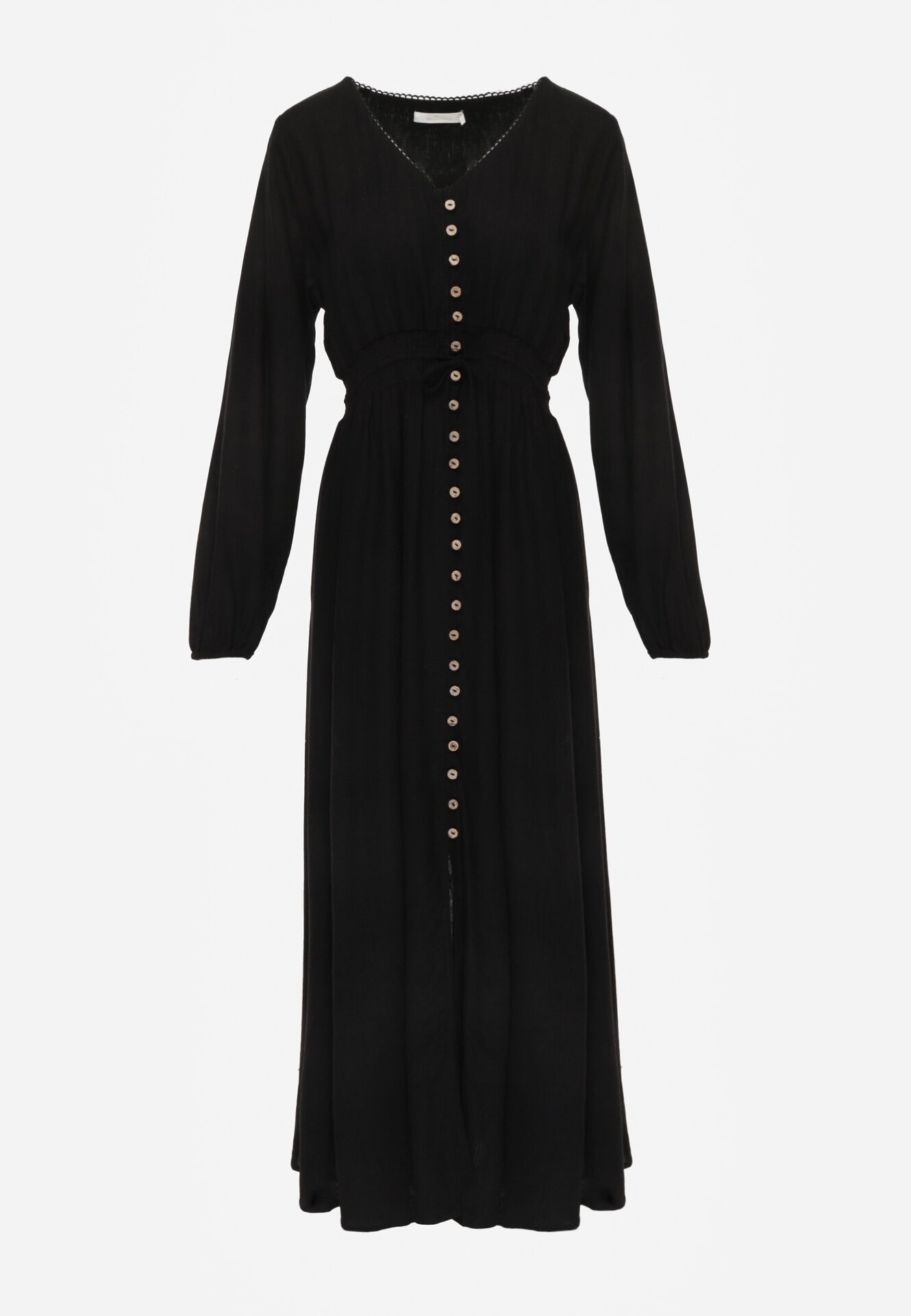 m&d fashion Rochie Neagră din in și viscoză cu croială evazată cu nasturi decorativi Maitena