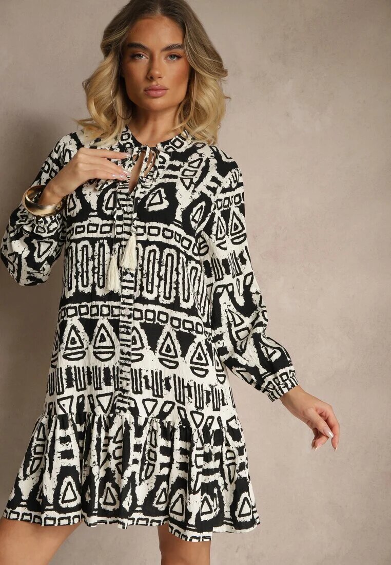 m&d fashion Rochie Neagră Evazată din Viscoză cu Imprimeu Etnic cu Cordon cu Ciucuri Ravpio
