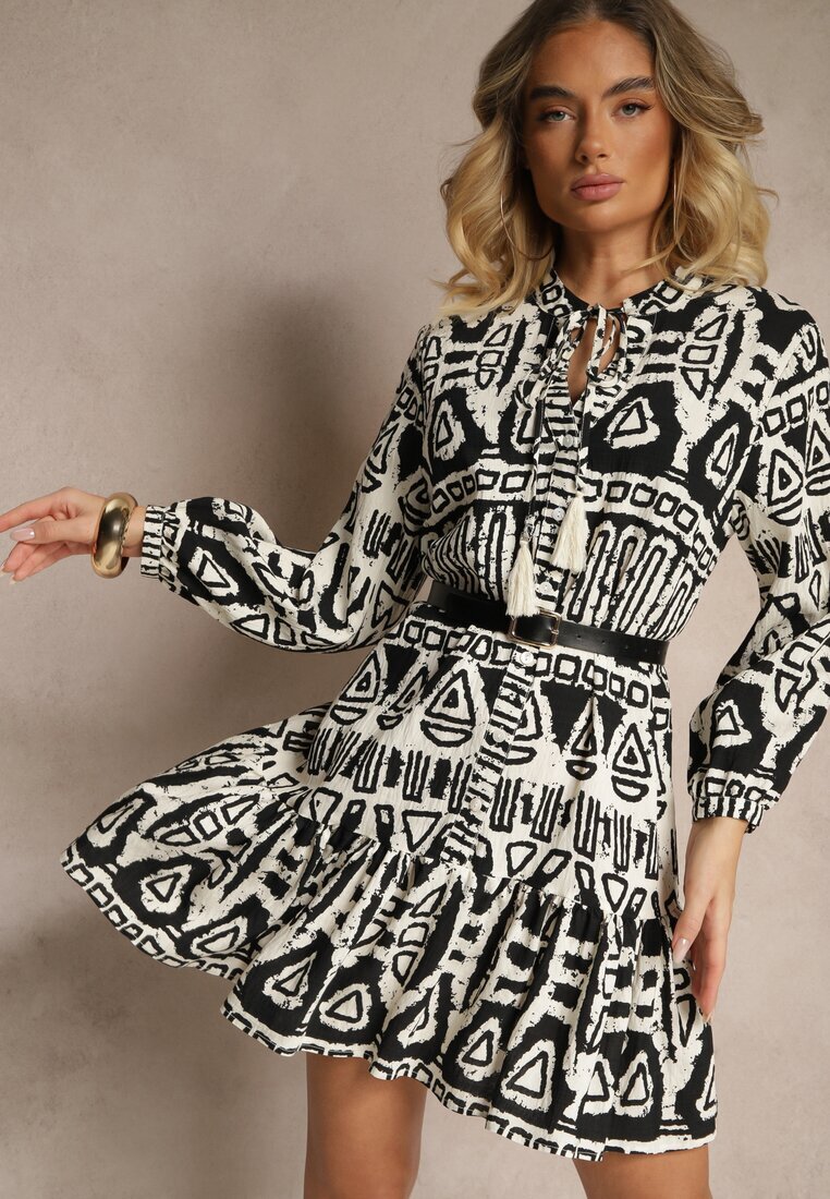 m&d fashion Rochie Neagră Evazată din Viscoză cu Imprimeu Etnic cu Cordon cu Ciucuri Ravpio