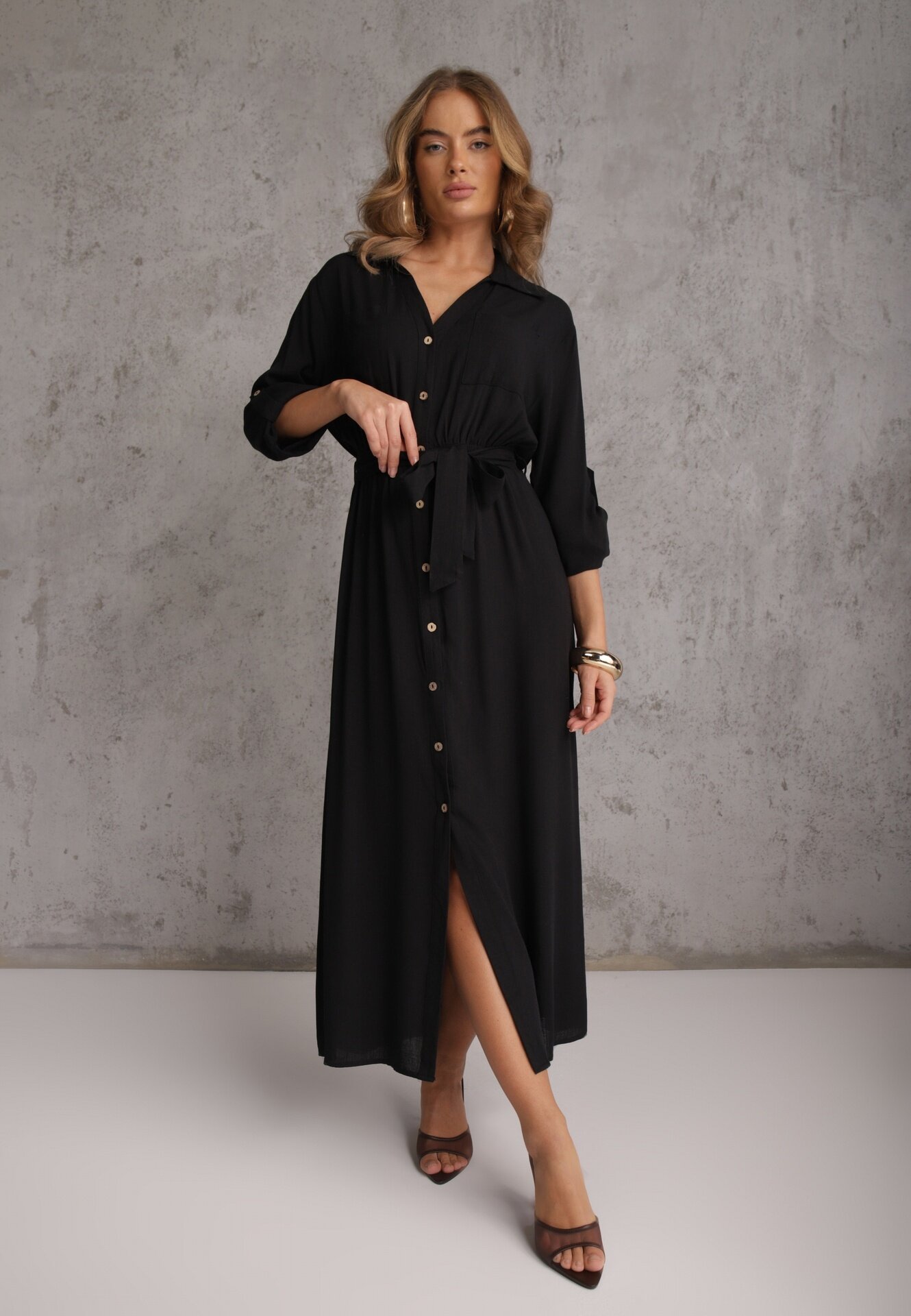 m&d fashion Rochie Neagră tip Cămașă Utility din Bumbac cu Cordon Legat în Talie Retona