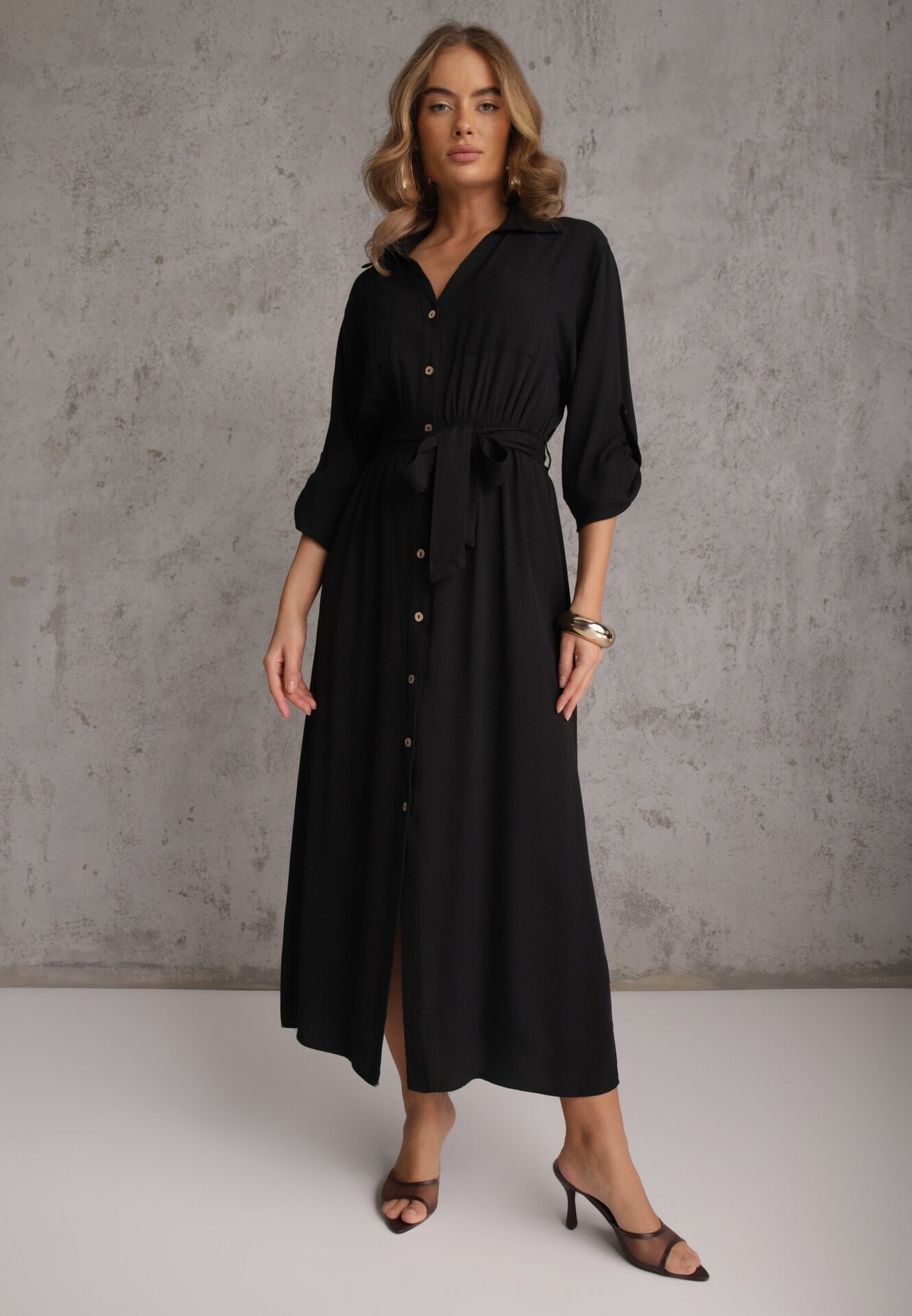 m&d fashion Rochie Neagră tip Cămașă Utility din Bumbac cu Cordon Legat în Talie Retona