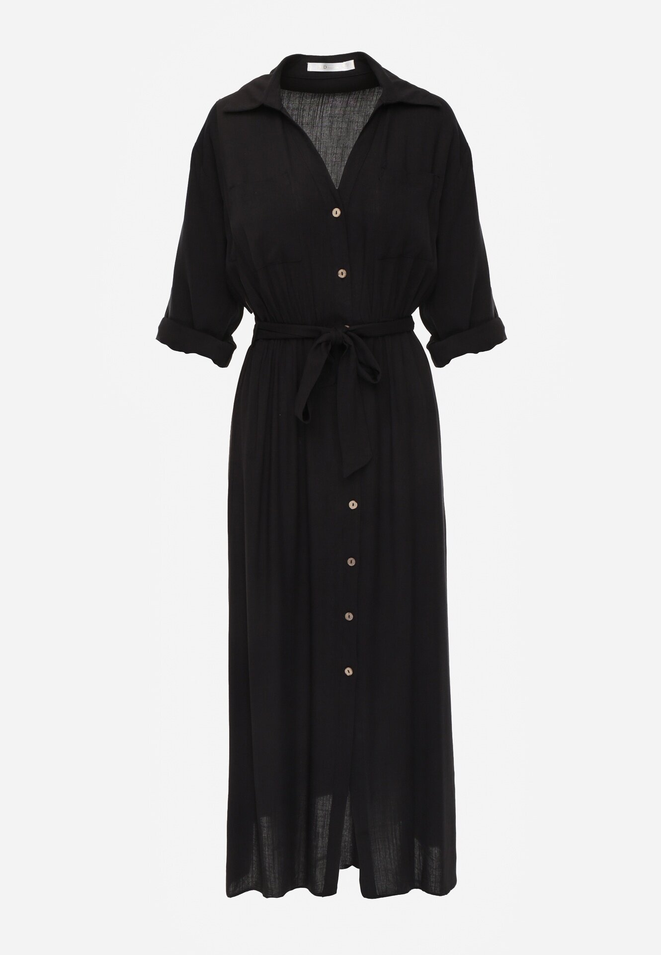 m&d fashion Rochie Neagră tip Cămașă Utility din Bumbac cu Cordon Legat în Talie Retona