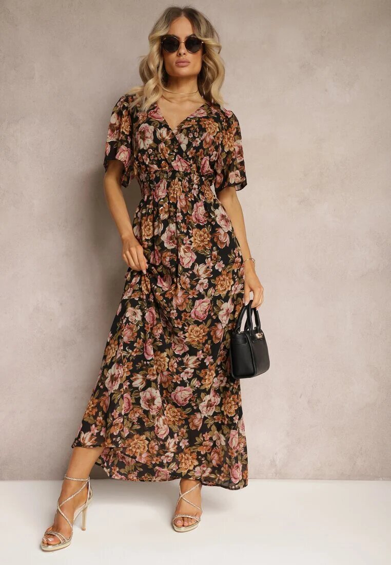 m&d fashion Rochie Negru-Bej cu Decolteu Petrecut cu Elastic în Talie și Fir Metalic Sollas