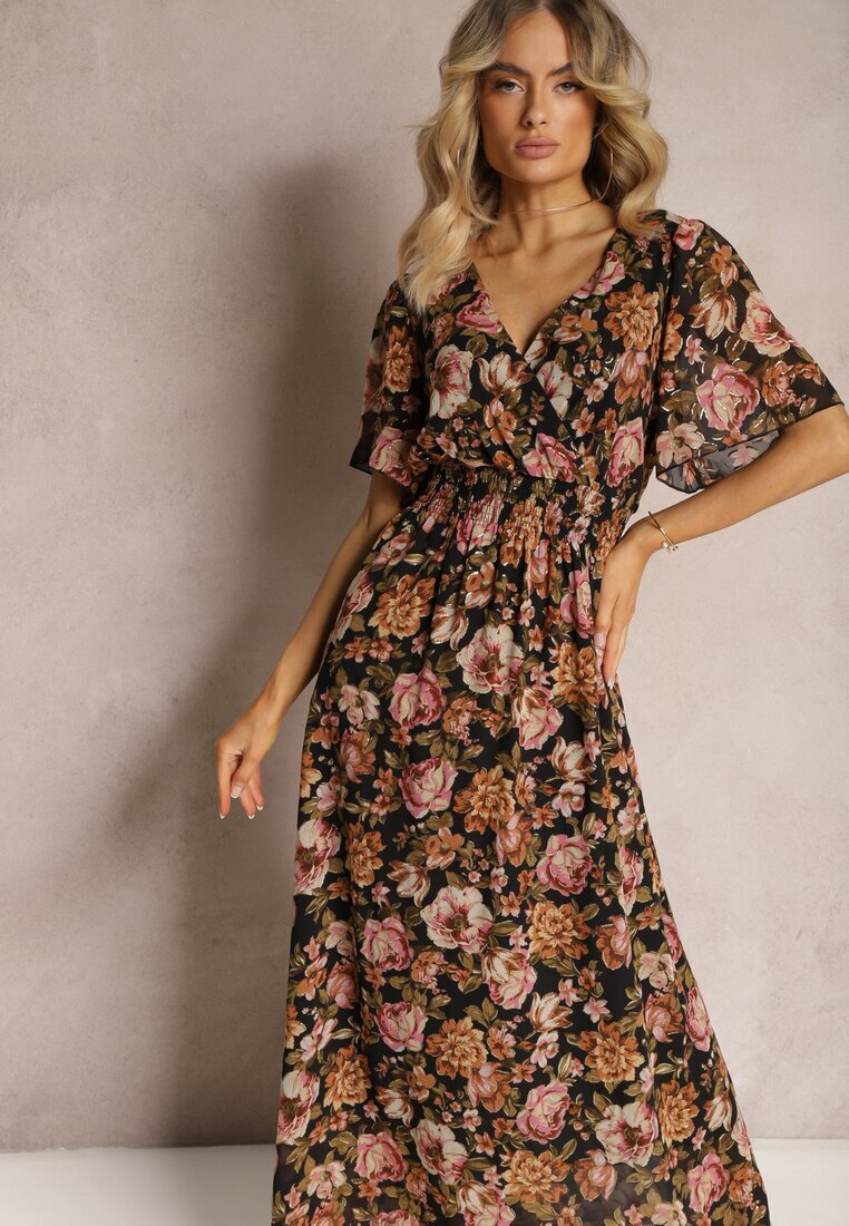 m&d fashion Rochie Negru-Bej cu Decolteu Petrecut cu Elastic în Talie și Fir Metalic Sollas