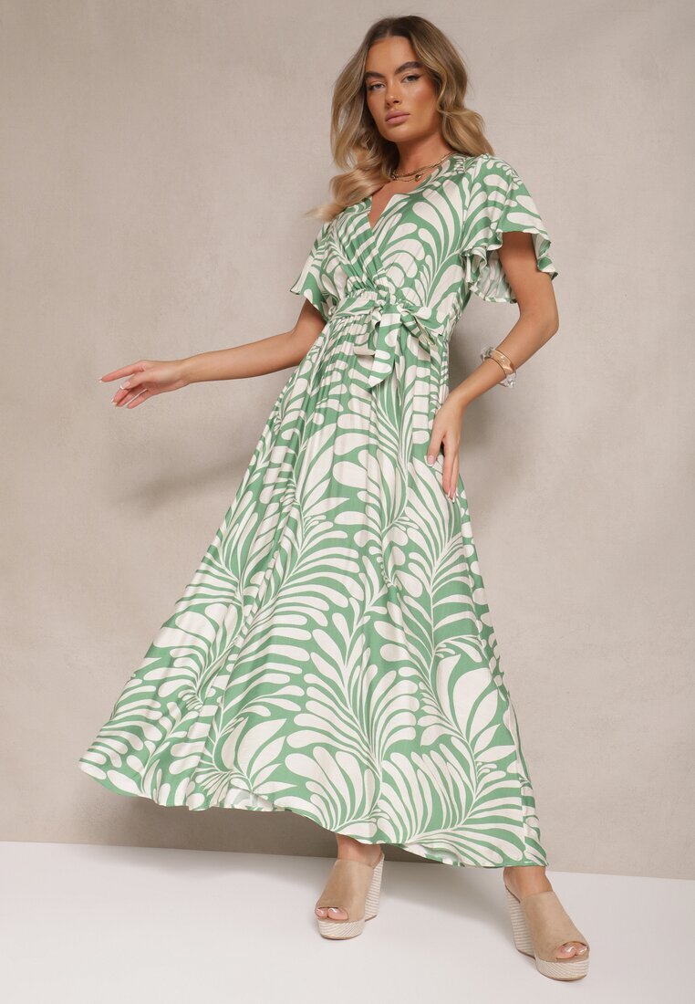 m&d fashion Rochie Petrecută Verde din Viscoză Imprimată cu Motiv Floral Dinea