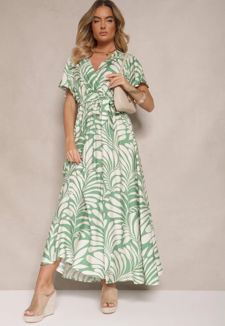 m&d fashion Rochie Petrecută Verde din Viscoză Imprimată cu Motiv Floral Dinea