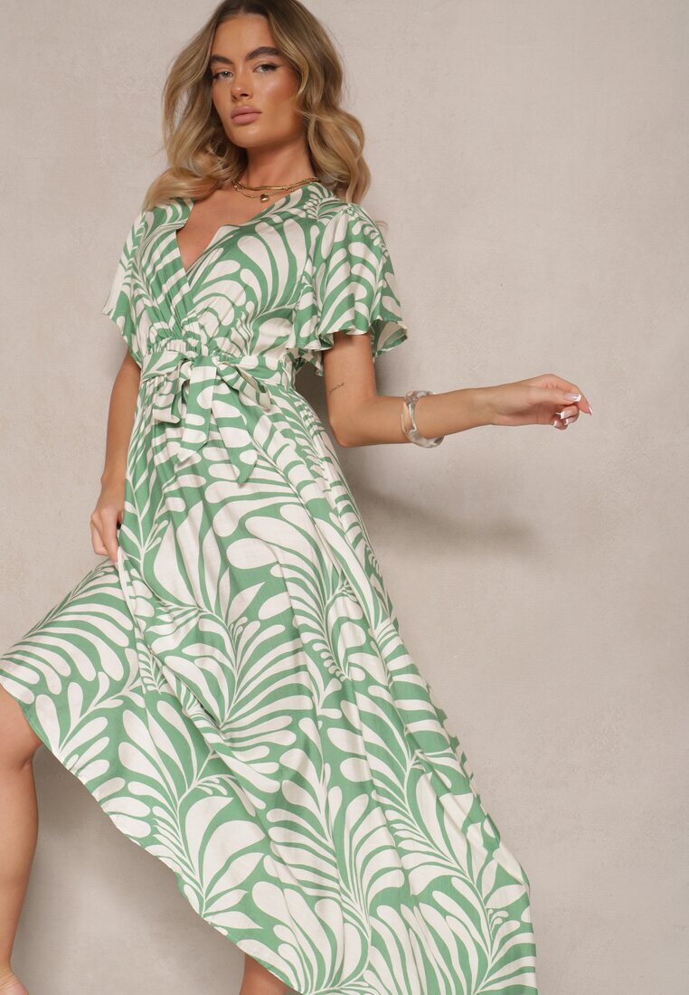 m&d fashion Rochie Petrecută Verde din Viscoză Imprimată cu Motiv Floral Dinea