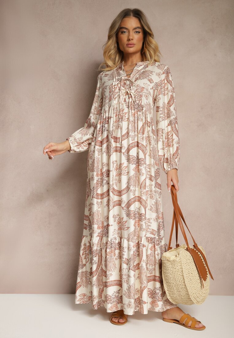 m&d fashion Rochie Portocalie Cloș din Viscoză Cu legătură la Decolteu cu Imprimeu Floral Koriselle