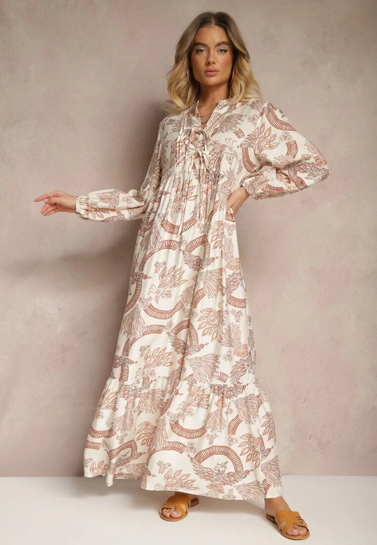 m&d fashion Rochie Portocalie Cloș din Viscoză Cu legătură la Decolteu cu Imprimeu Floral Koriselle